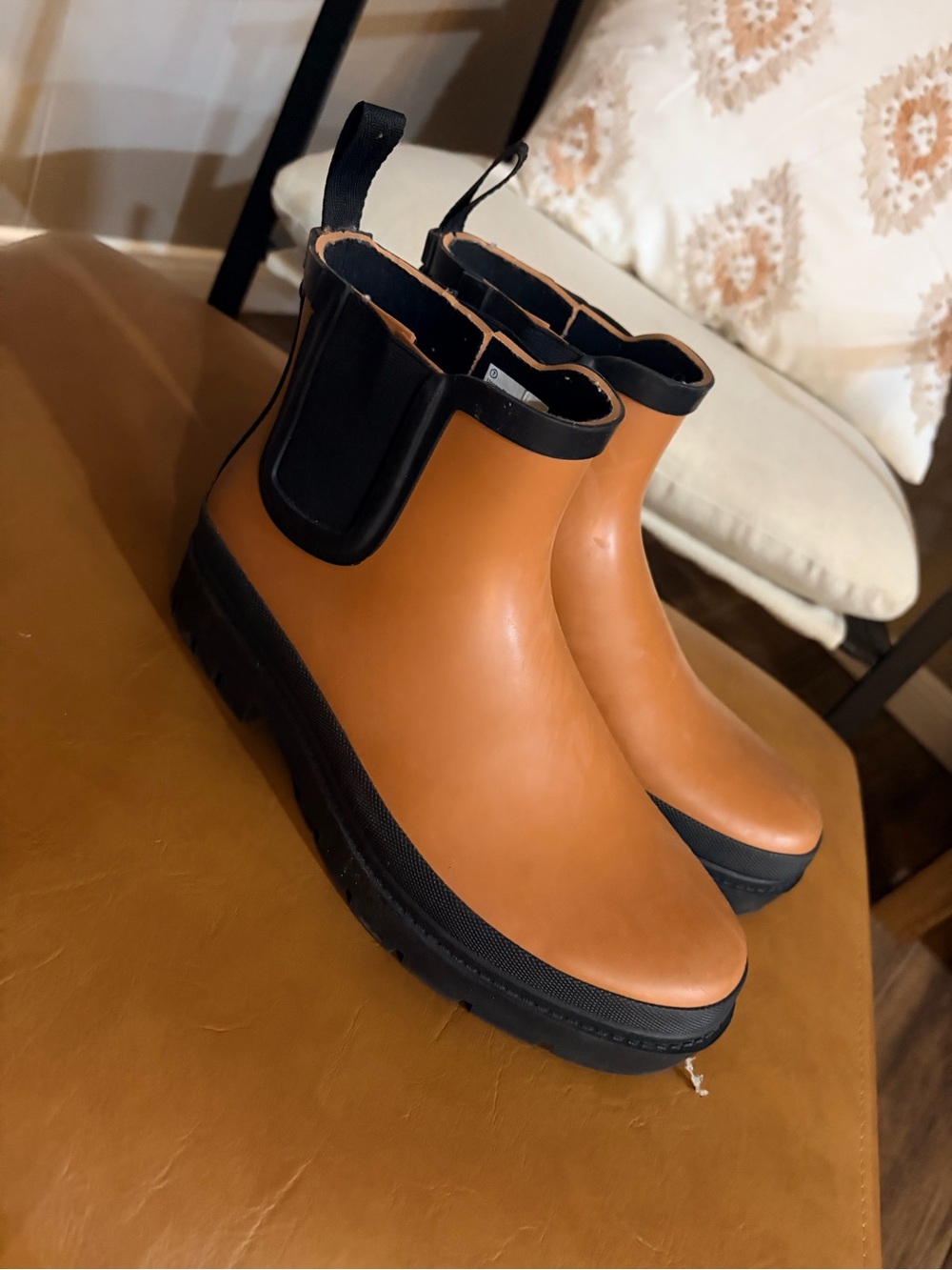 Target Women's Tan Chelsea Rain Ankle Boots with Black Trim